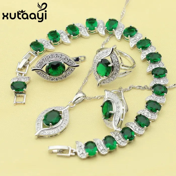 New Green Created Emerald Fashion Silver color Color Jewelry Sets Graceful Necklace Rings Earrings Bracelet For Women Free Gift