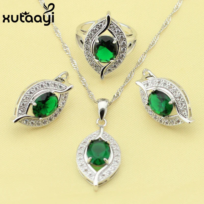 New Green Created Emerald Fashion Silver color Color Jewelry Sets Graceful Necklace Rings Earrings Bracelet For Women Free Gift