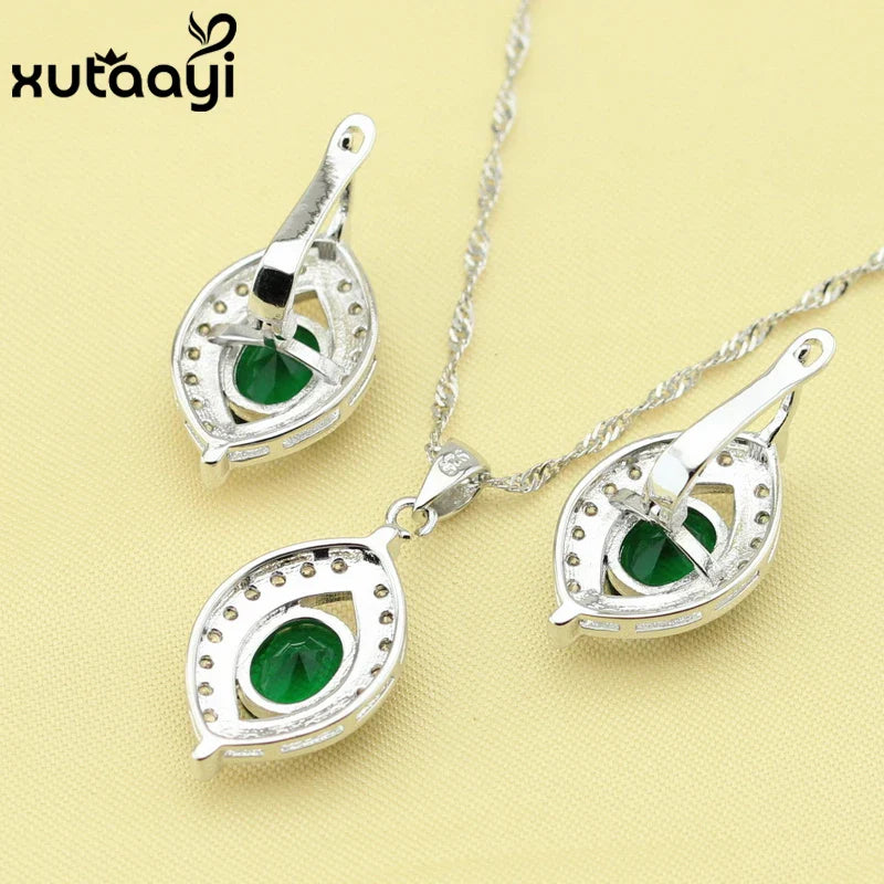 New Green Created Emerald Fashion Silver color Color Jewelry Sets Graceful Necklace Rings Earrings Bracelet For Women Free Gift