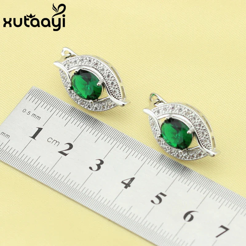 New Green Created Emerald Fashion Silver color Color Jewelry Sets Graceful Necklace Rings Earrings Bracelet For Women Free Gift